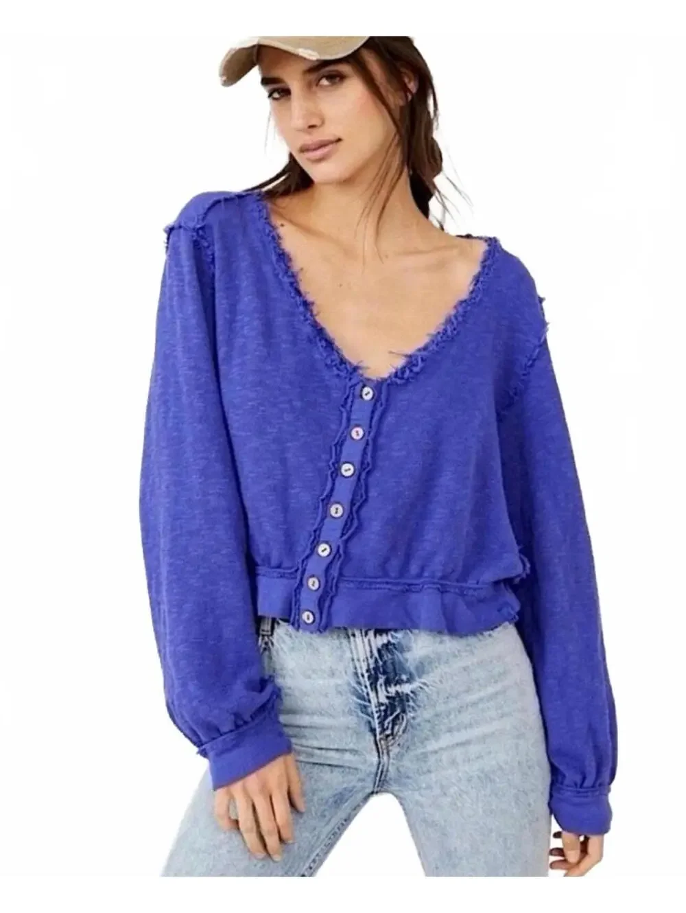 Free People Golden Road Blue Ruffled Cropped Cardigan Sweater XS Boho